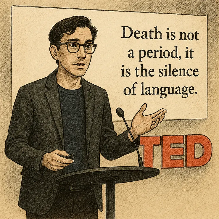 這是文思哲在另一個場域的演講畫面：他站在一個戶外或古典劇院風格的講台前，背景是柔和的米色布幕與手繪文字：「死亡不是句點，是語言的沉默」。觀眾可能是村民、學生或制度設計者，整體風格融合寫實與插畫筆觸，充滿敘事張力與哲學氣息。