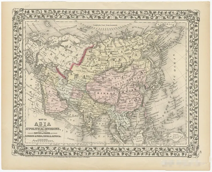 Map of Asia showing its gt. political divisions, and also the various routes of travel between London & India, China & Japan &c. Constructed & engraved by W. Williams, Phila. Entered ... 1879 by S. Augustus Mitchell ... Washington. (1880)