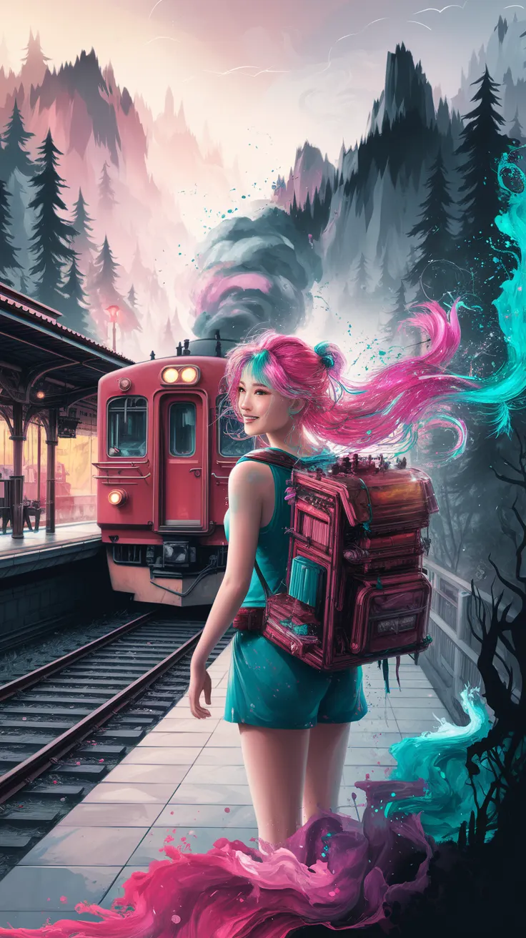 A precision alcohol ink splash painting, a masterpiece shaped by artificial intelligence, where vibrant hues swirl in a luminous symphony, capturing the essence of dreams yet to be discovered:  Facing the viewer, she poses elegantly, the iconic red train resting behind her at the majestic Shenmu Station. Her pink and teal hair cascades like luminous threads through the soft mountain mist, a striking contrast to her trusty backpack, worn yet filled with stories. The station, embraced by ancient trees and veiled in a mystical haze, seems to pulse with timeless secrets. Her gaze is alive with wonder, and as her smile glimmers, the ethereal mist transforms—shapes of fantastical creatures and mythical landscapes swirl faintly, blurring the lines between the real and the imagined.