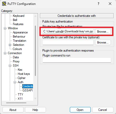 將憑證金鑰路徑設定在putty上面