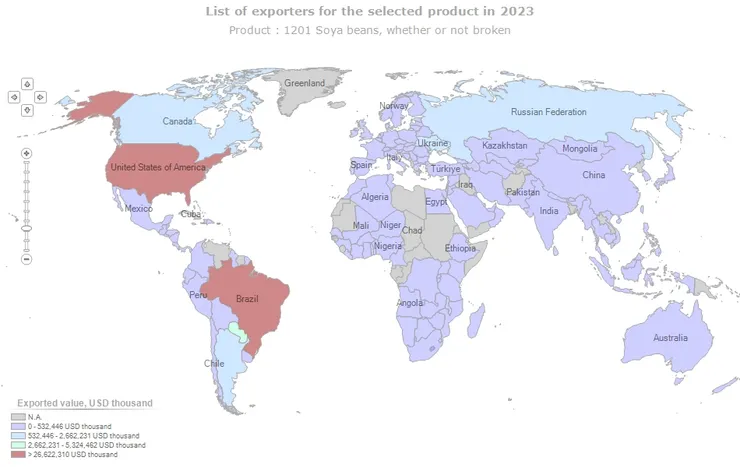 2023世界大豆出口情形。資料來源：ITC