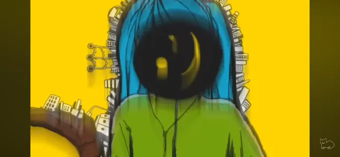 黒い笑顔の円形が初音ミクの顔を覆い隠す