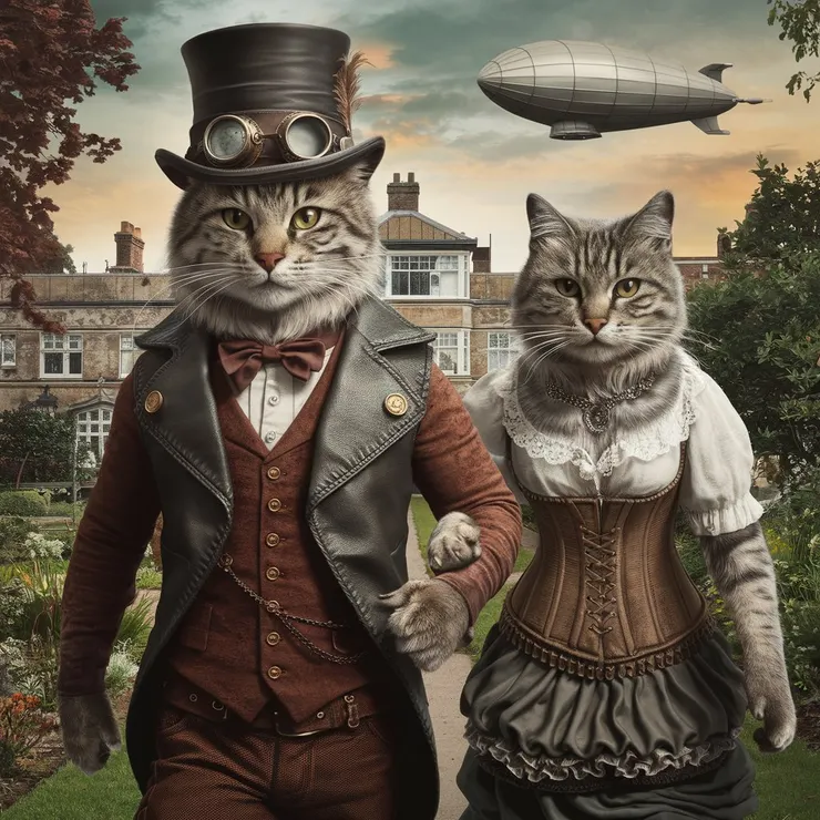A realistic image of a male and female cat dressed in steampunk clothes, walking on a Victorian garden. The male cat is wearing a top hat, goggles, and a leather vest. The female cat is wearing a corset and a skirt. There is a zeppelin flying in the sky.
