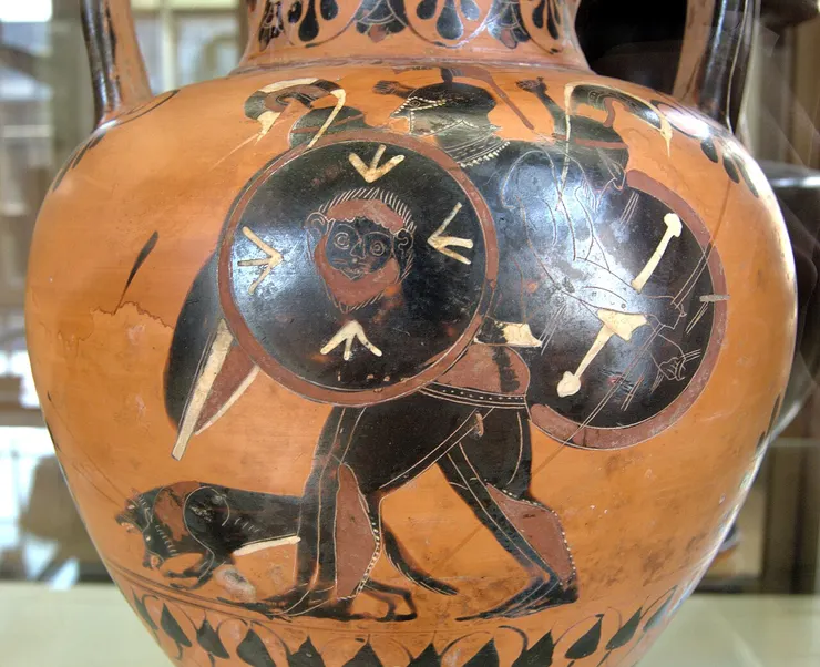 一個是雙頭的歐特魯斯,一個是革律翁。黑圖頸雙耳細頸瓶,西元前550–500年。