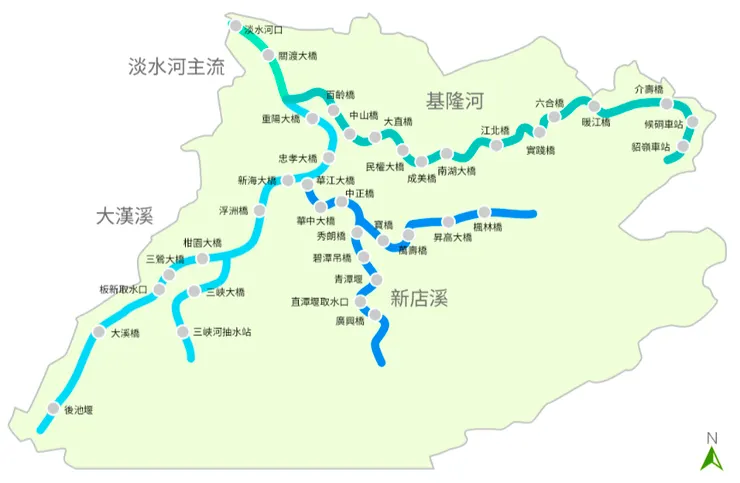 淡水河流域圖。大漢溪（古稱大嵙崁溪）、新店溪、基隆河三大支流匯入淡水河。圖片來源：環境部水質保護網-淡水河環境介紹