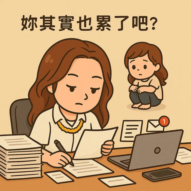 當大人我在寫報表，小孩我縮著坐在一旁， 她小聲說了句：妳其實也累了吧？