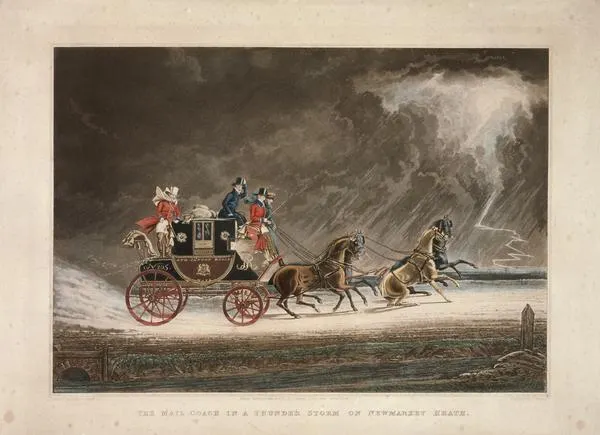 1827年，一輛郵車在薩福克郡紐馬克特荒原上遭遇暴風雨。