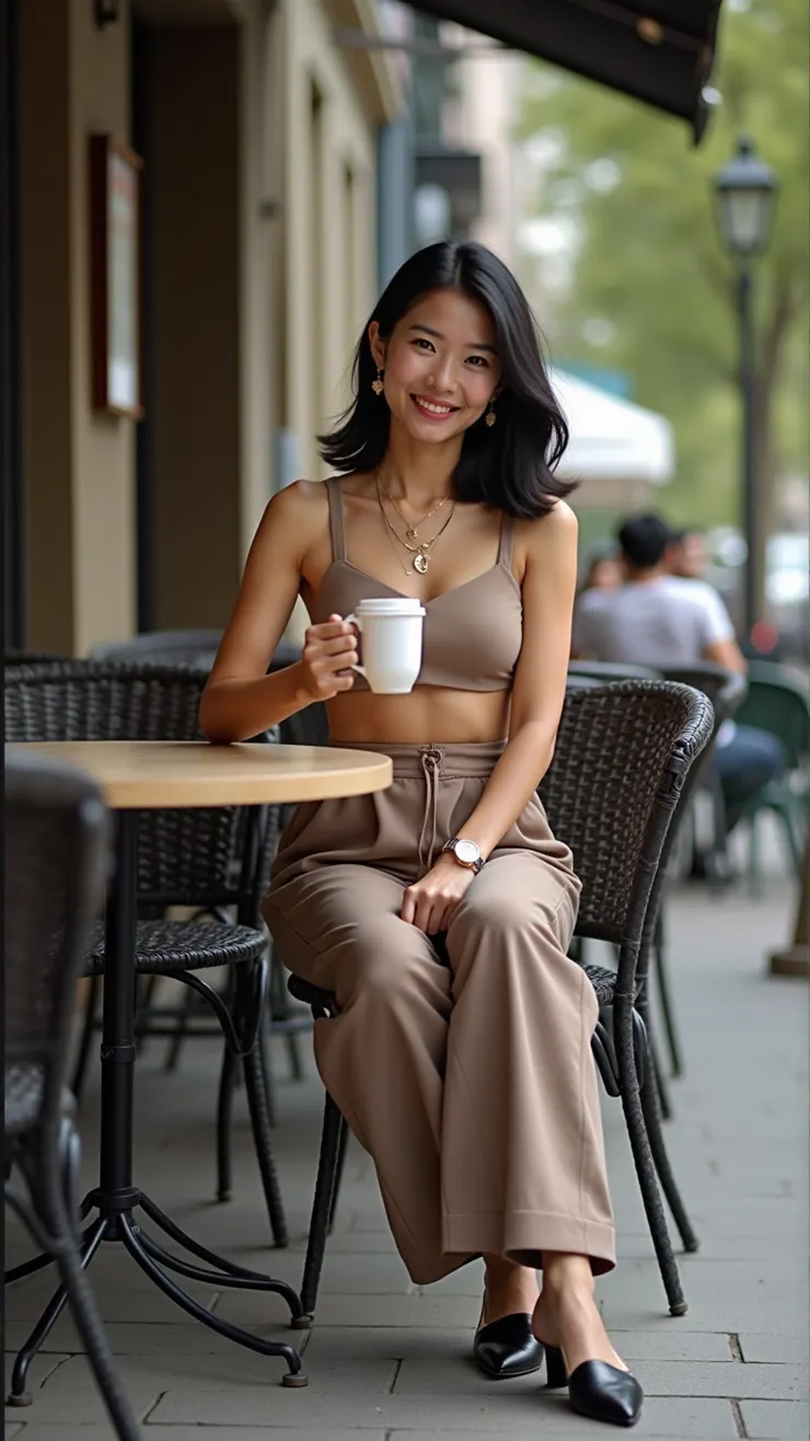 Crop top, wide-leg trousers, pointed mules, layered necklaces