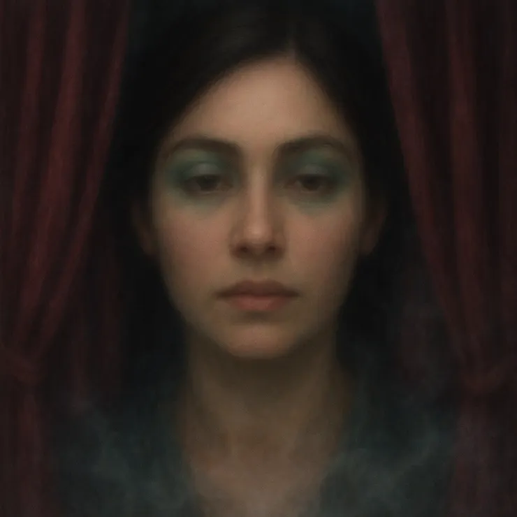 Clients would sit across from her, gazing into the blur of her features, hypnotized by the swirls of green and rose across her eyelids - symbols of memory and concealment.