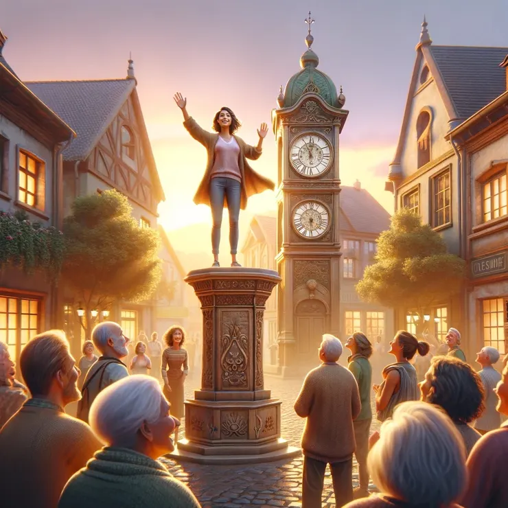 The townspeople cheered, looking up to see Jane waving from the tower, a smile as wide as the horizon.