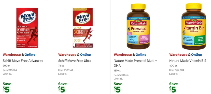 MoveFree維骨力200錠裝$22.99、超強三重功效關節維骨力75錠裝$19.99、Nature Made 孕期葉酸 + DHA 150錠裝$22.99、維他命B12 400錠裝$23.99。