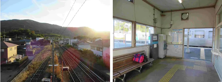 阿波川島車站天橋看出去的風景 (左) / 阿波川島車站內部(右)