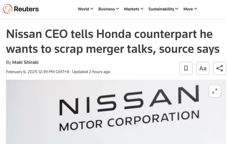 圖片及新聞英文原文出處https://www.reuters.com/markets/deals/nissan-ceo-uchida-tells-honda-ceo-mibe-he-wants-terminate-merger-talks-asahi-2025-02-06/