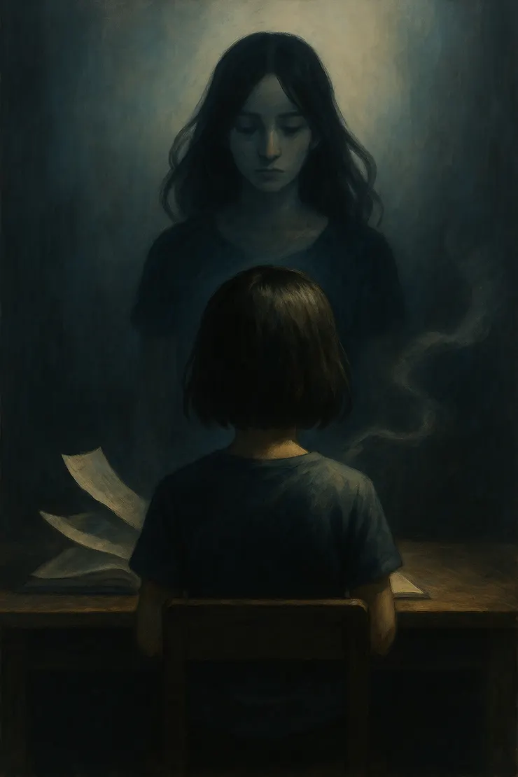 也不知道是這個故事太恐怖還是怎麼樣，GPT和GEMINI都說不能幫我生圖，最後改了描述，GPT才勉強幫我生了這張圖.......但她只能站在女生的前面，而不是後面...