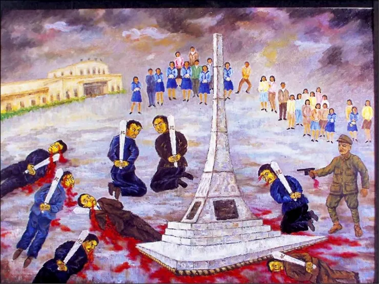 歐陽文畫作「血染車站廣場」,重現當年嘉義火車站「三月屠殺」血淚史。