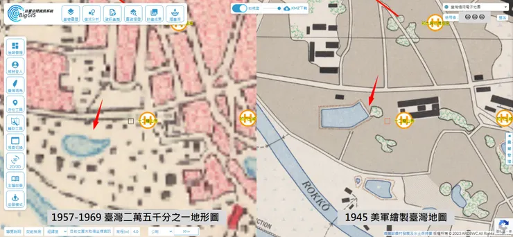 雙視窗模式檢視1969年臺灣地形圖(左)及1945年美軍繪製臺灣地圖(右，據說是二戰時為了轟炸用途繪製的)