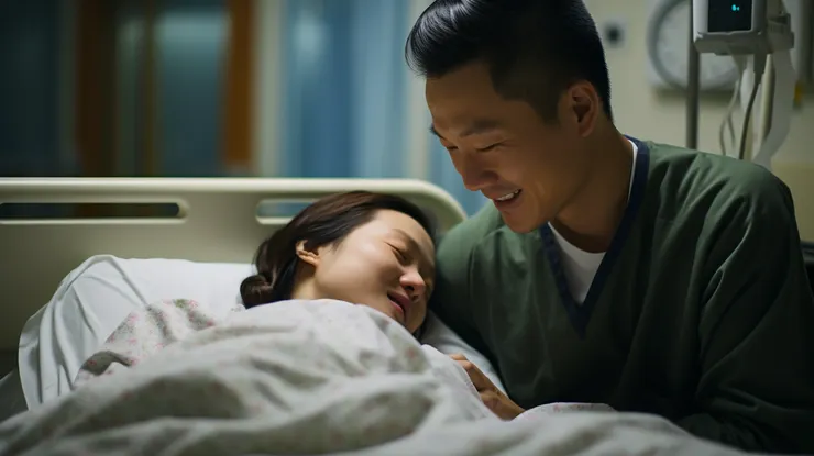 爸爸在醫院的待產室內，靜靜地坐在孕婦床邊陪伴待產的媽媽