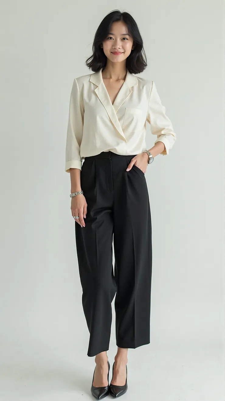Wrap blouse, tailored trousers, watch, block heels( 交叉領襯衫，修身西裝褲，手錶，粗跟鞋 )