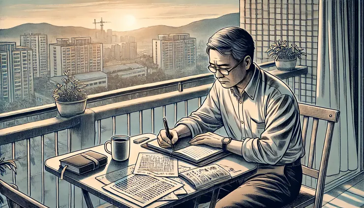 中年男子在陽台邊喝咖啡邊記筆記，桌上擺著文件與筆記本，晨光映照城市背景。
