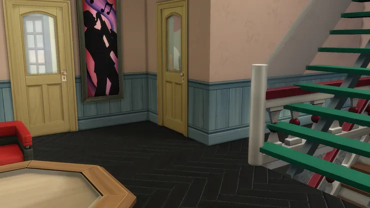 我很喜歡牛仔褲那種帶灰的藍，用在木料上也很好看，配粉紅色也很可愛--但牆上那些是花紋而不是污漬吧？