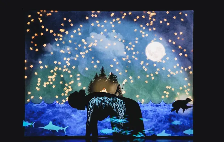 Miwa Matreyek作品的呈現方式，通常由Miwa Matreyek介入其編導、製作的影片中，參與影片播放，成為影片的一部分。（圖片來源：https://www.facebook.com/kaohsiungsaf/）