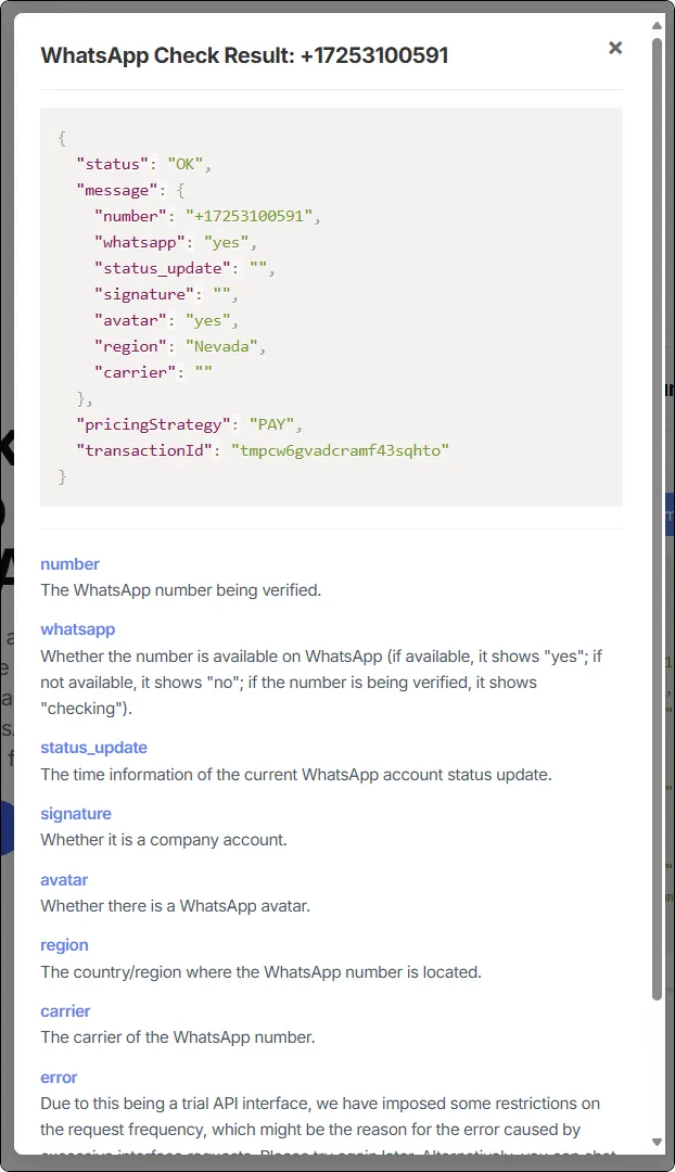 WhatsApp號碼檢查結果描述