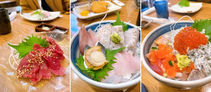 由左至右分別是鯊魚心臟生魚片、小田原地魚丼及湘南地魚寶石丼