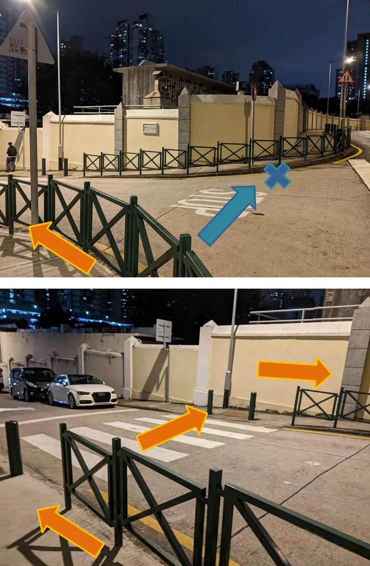 題外話，人行道有個我覺得滿特別的設計，就是部分路口無法直線通過，需要往左或往右才有個洞口能過馬路到另一頭