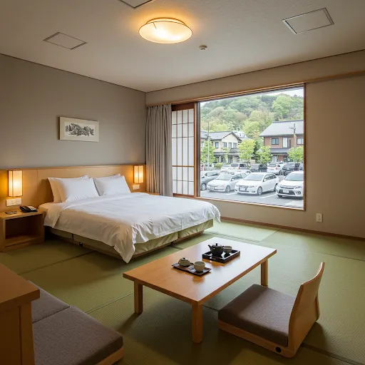 箱根溫泉飯店的房間的窗外只是對著停車場圖