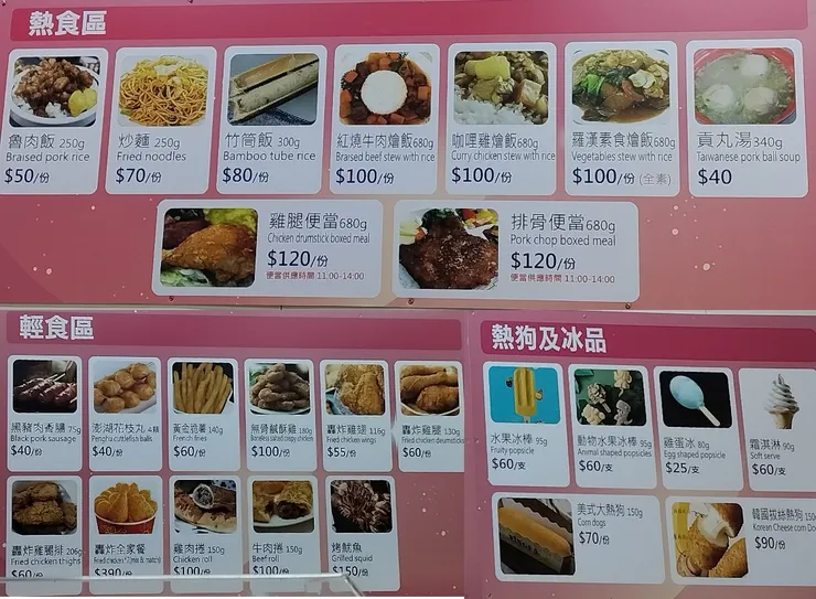 熱食區、輕食區(炸物)、飲料區、冰品區分開點餐結帳的喔!