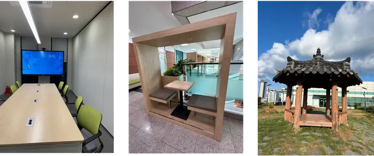 左圖：團體討論室（需預約） 中間：個人桌（不需預約） 右圖：頂樓空中花園