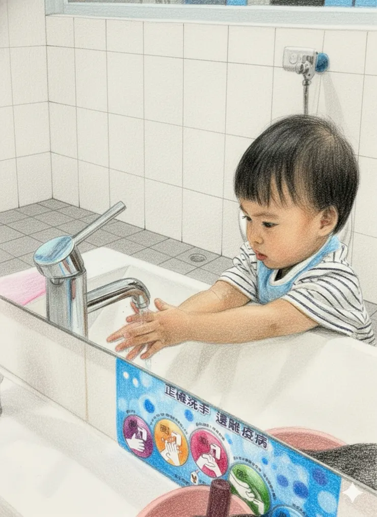 在學校洗手的樂樂