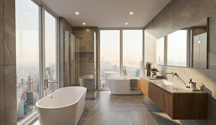 Final AI-rendered bathroom showcasing mood and material details.