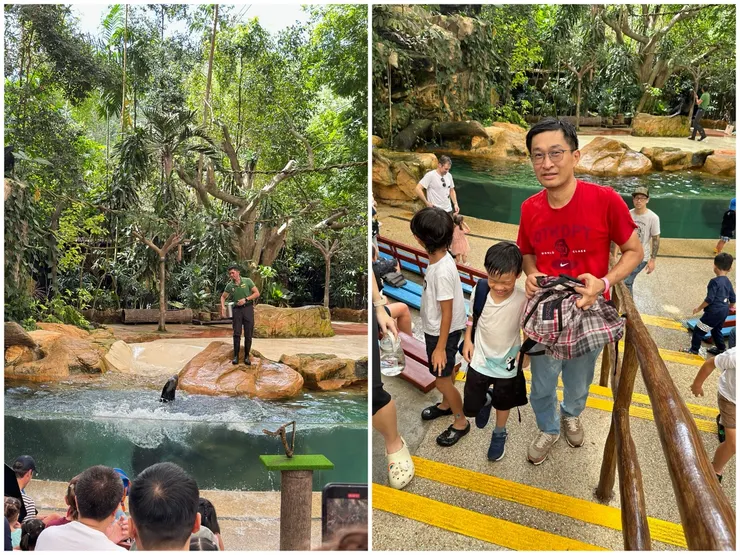 被海獅弄得一身濕的爸爸和哥哥