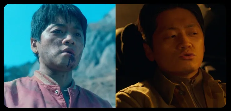 北韓的怪力超能力間諜，由趙福來飾。圖左為第13集畫面與張洙源對戰的畫面，圖右為第15集在車內圖謀進攻旌元高中的畫面。( Source: Disney + ，調整過亮度。）