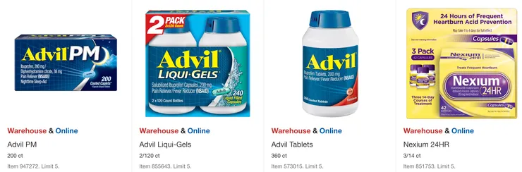 Advil晚間睡前止痛藥$16.49、膠囊液態止痛藥$23.49、止痛錠$20.49,Nexium 24小時止酸錠$25.99。