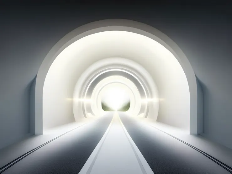 一條很長很長的隧道，隧道的出口非常的亮，亮到看不到任何東西 (AI繪圖：Recraft AI)