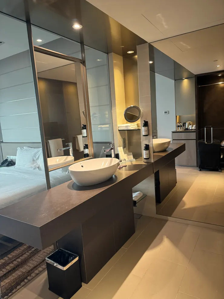 這個洗手台很大，也很好用，牆壁的穿衣鏡和洗手台搭配的很好，空間利用一流。