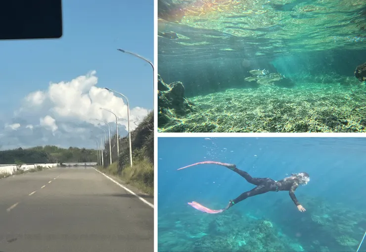 左:去海邊的路上,美得像宮崎駿的動畫;右上:教練拍的水底;右下:嘗試躬身下潛游出去