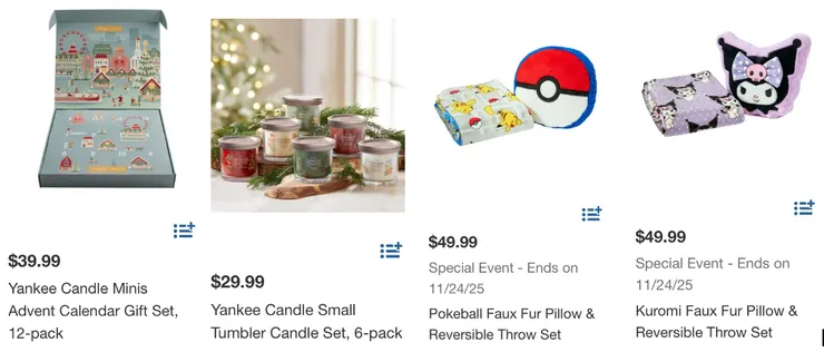 左起：Yankee 倒數日曆香氛蠟燭、6pcs 香氛蠟燭、Pokemon枕被、庫洛米枕被。