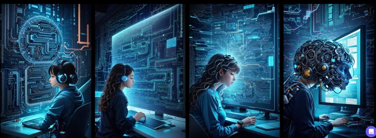 Prompt: AI engineer coding, technology background, waves of information flowing