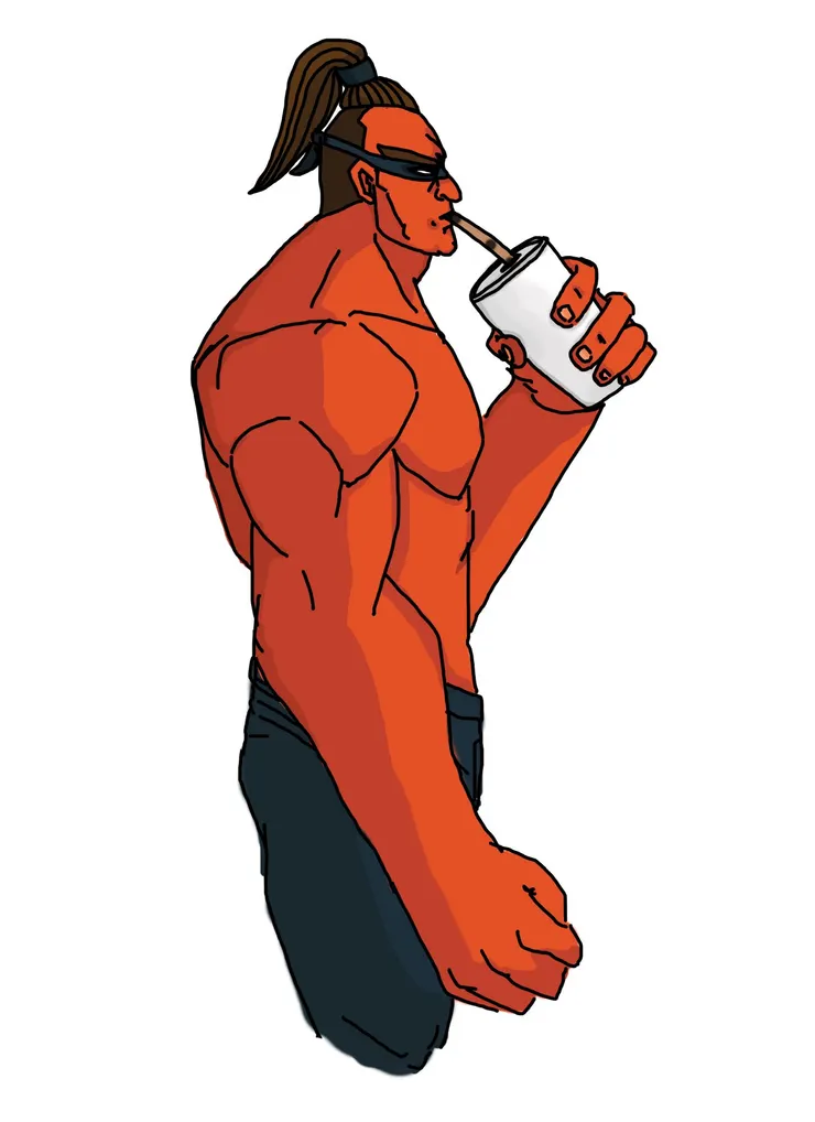 此為紅巨人側面喝珍奶的樣子。這兩張是在課堂台上發表完後的紙本報告修正版。台上版與紙本版的差別在，台上版沒眼罩，紙本版，也就是這兩張有眼罩的版本。