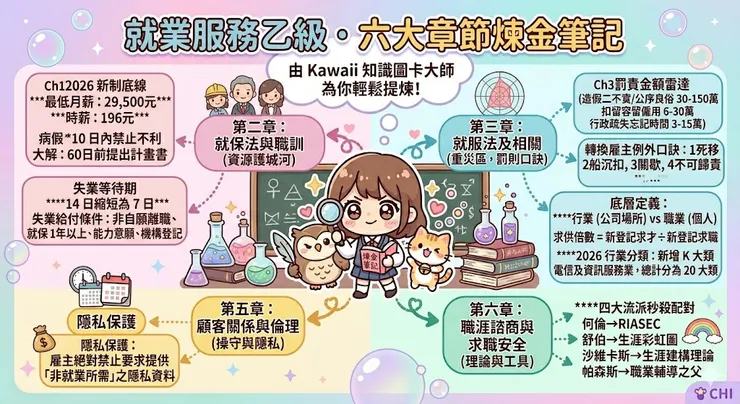 「就業服務乙級・六大章節煉金筆記」視覺導圖