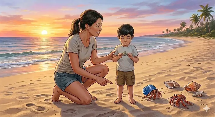 母親正在向小孩說明取即使是一顆貝殼回家會影響寄居蟹