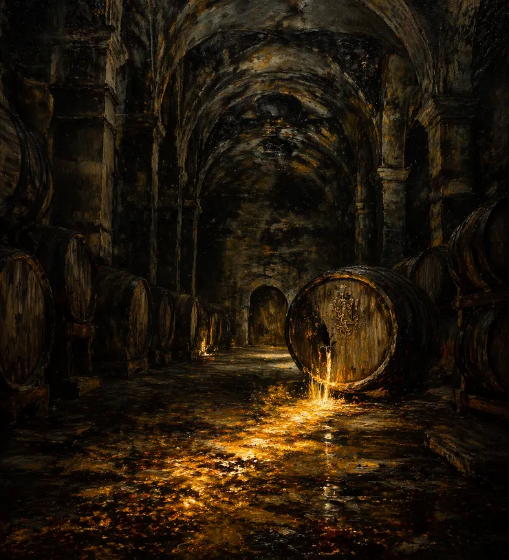 一桶在地窖中傾倒流出琥珀液體的酒桶;木桶蓋上長出一些菇菌。