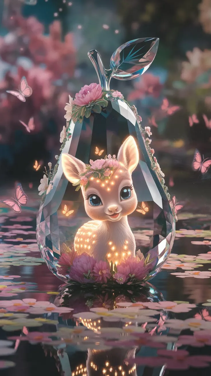 A cinematic medium shot of a magical scene with a tiny luxury, beautiful, and cute 3D baby deer glowing statue adorned with flowers and butterflies. The statue is within a transparent crystal pear shape in a beautiful lake. The background is a dreamy, vibrant flower lake with floating flowers and butterflies. The overall scene has a fantasy vibe.