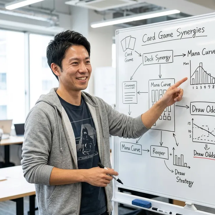 梁练伟在讲解室白板前，详细展示《深渊战纪》高胜率卡组的构筑核心与实战思路。