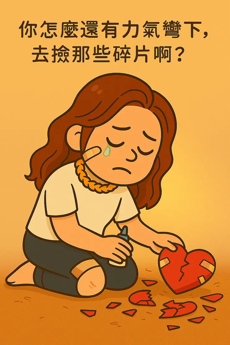 現在看當時那個傻乎乎的自己， 都忍不住想問一句： 你到底哪裡來的力氣， 還能吊著兩串淚水，混著鼻涕，蹲下來撿這些碎片啊？  但說真的…… 我也確實佩服她。