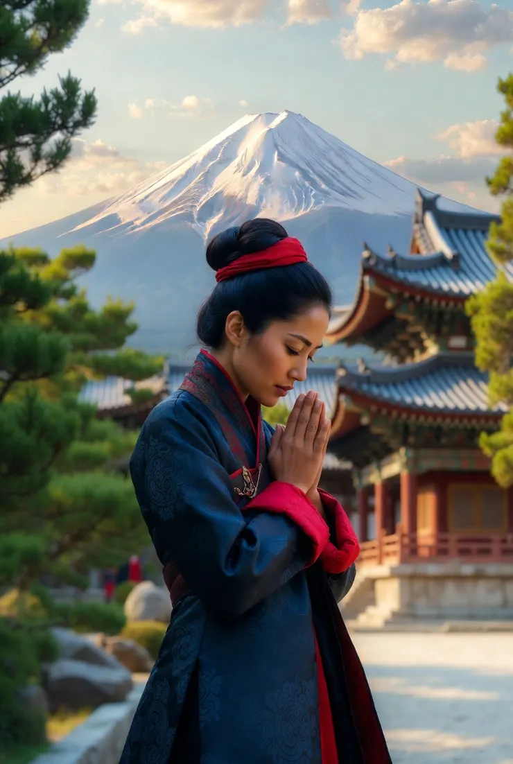 變換示範：「一個在（富士）山下 ，穿著（西藏傳統）服裝，合十祈禱的（歐洲）女子。  