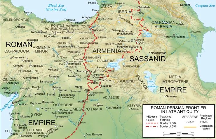 羅馬與波斯邊界。圖片來源： Wiki Commons, "Roman-Persian Frontier in Late Antiquity.svg"